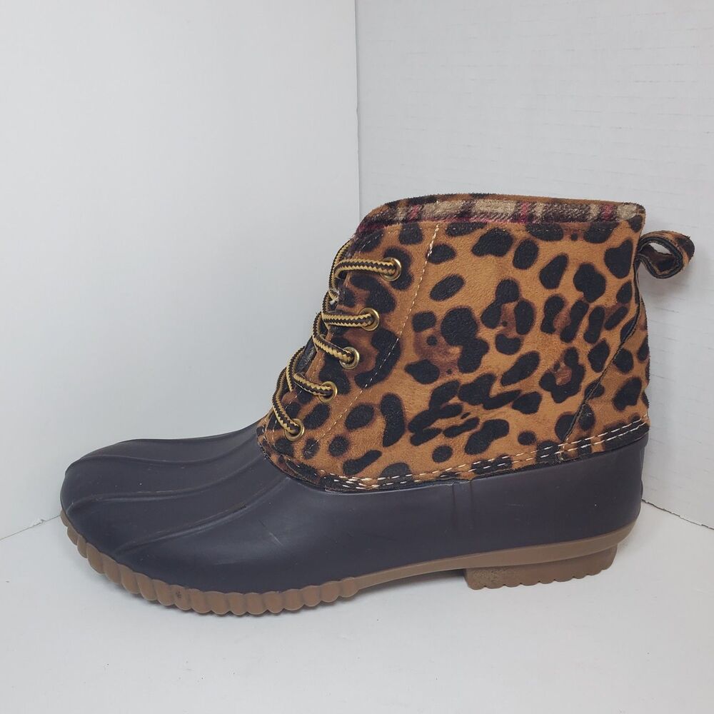 Cheetah Print Waterproof Duck Boots Fleece Plaid Lining Womens Sz 8 Worn Once